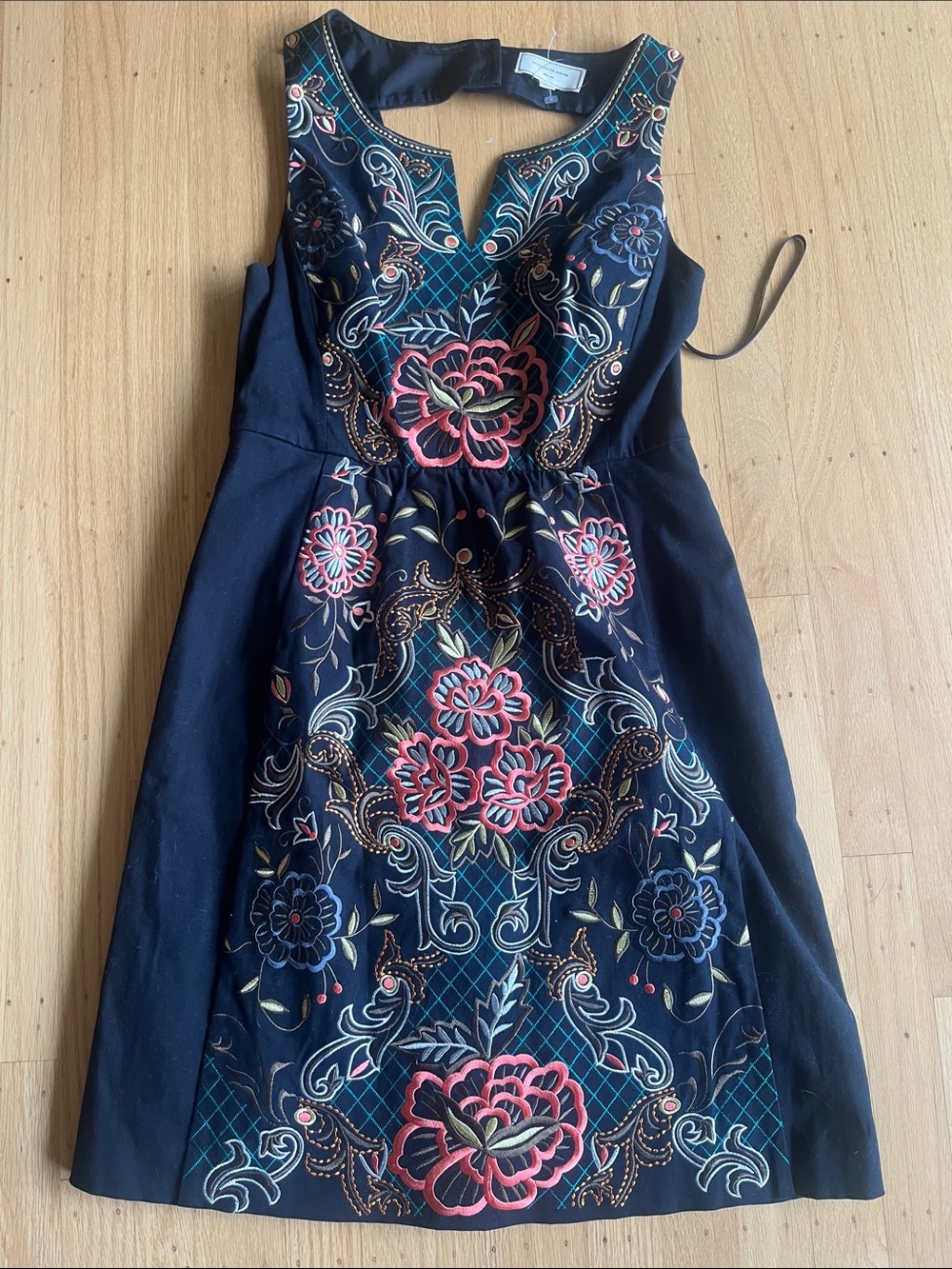 Moulinette Soeurs Navy Midi Dress with Pink & Teal Floral Embroidery